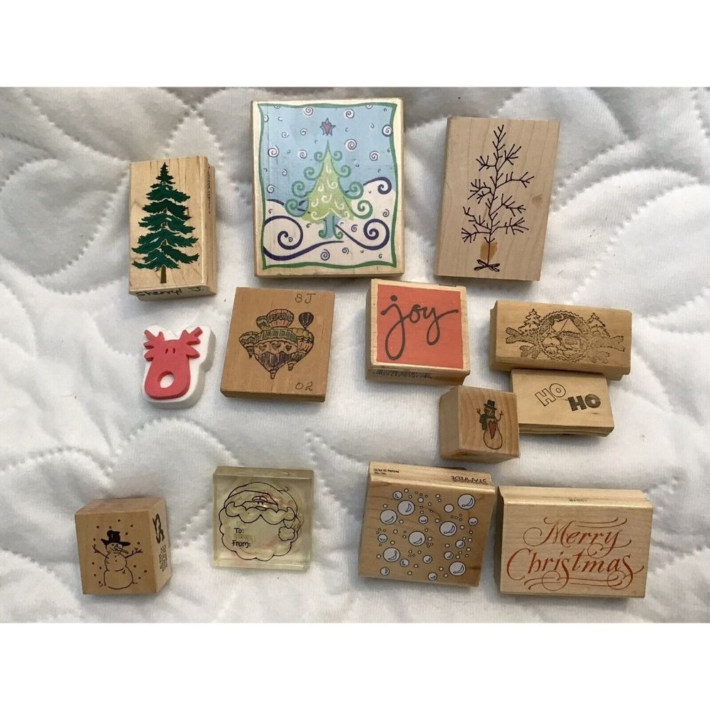 Christmas Rubber Wood Stamps Tree Snowman Santa Lot of 12